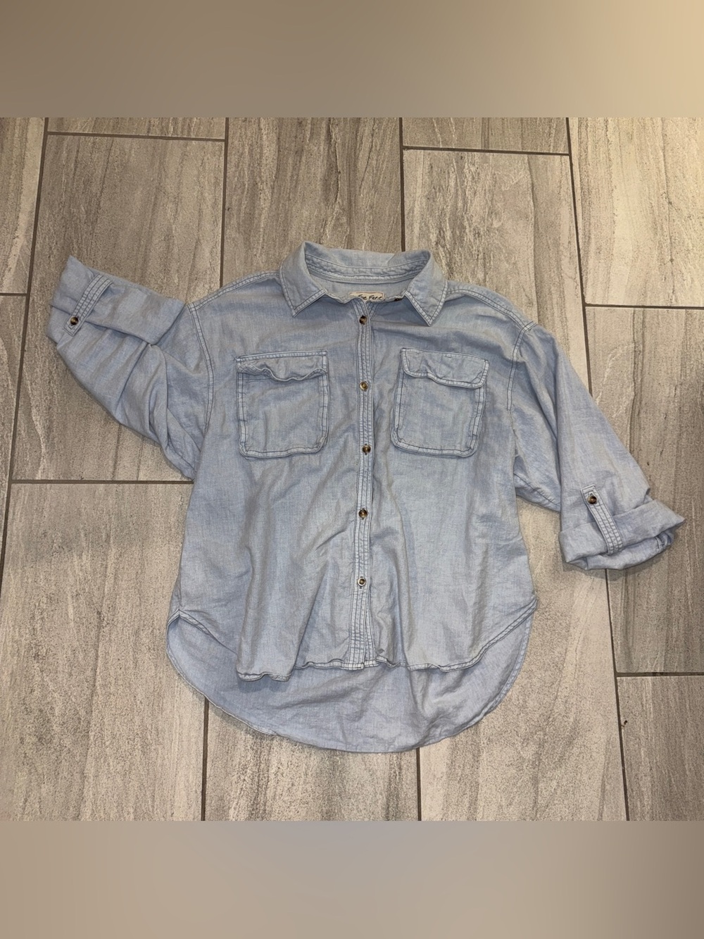 Free People We The Free Blue Chambray Button Down Shirt Roll Tab Sleeve M